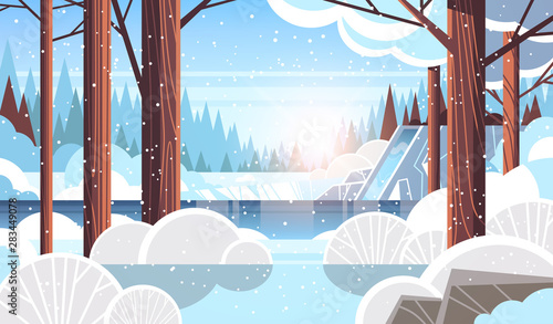 beautiful waterfall over rocky cliff snowy winter forest nature landscape sunset background flat horizontal