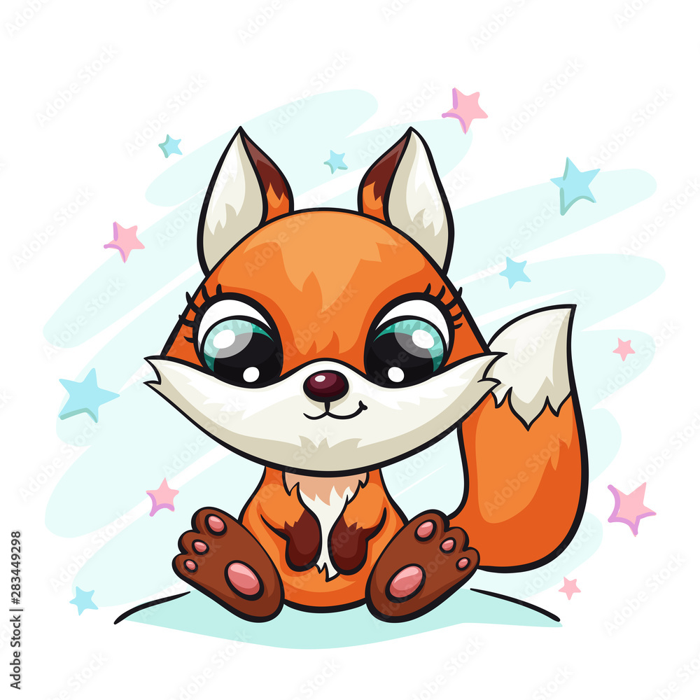 Fox baby cute print. Sweet tiny cool animal on star background illustration