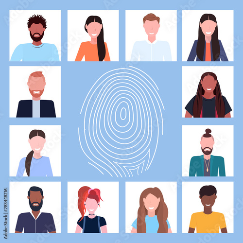 men women profiles social network biometric fingerprint security data protection access computer technology user identification concept flat