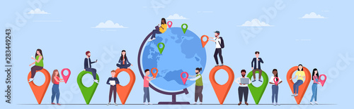 people placing geo tags pointers on globe mix race travelers near earth planet holding location markers gps navigation business position travel concept flat full length horizontal