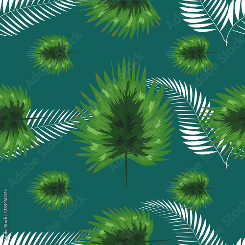 turquoise and green tropical leaves. Seamless graphic design with amazing palms.