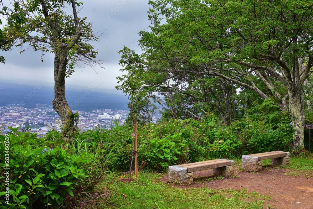 Views around Mount Fuji Japan, including Kawaguchiko Tenjozan Park hiking trail from the gondola observation down to the lake side. Asia.
