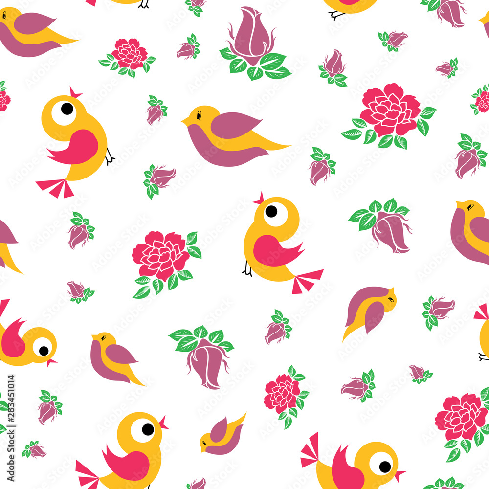 Vector cute birds and beautiful roses seamless