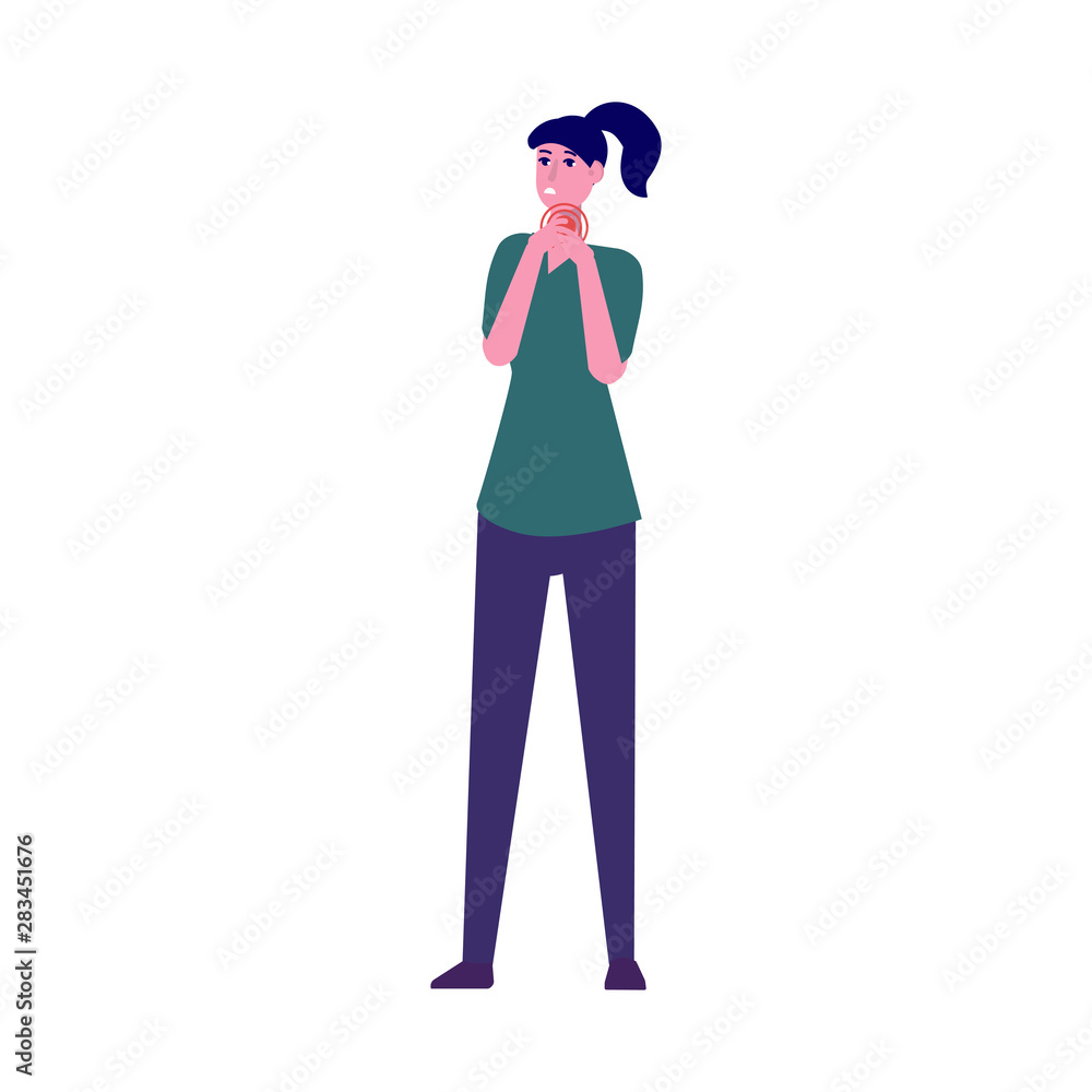 Throat pain. Young woman with flu disease. Flat style vector illustration.