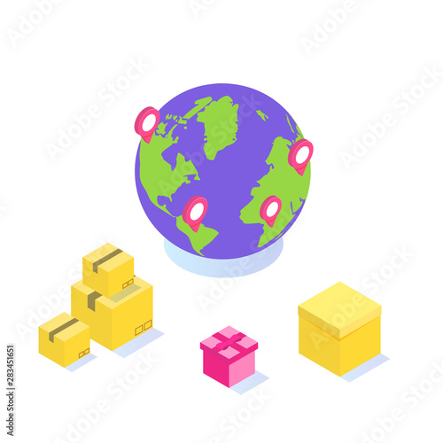 International Worldwide delivery, Global logistic, freight shipping isometric concept. Vector illustration