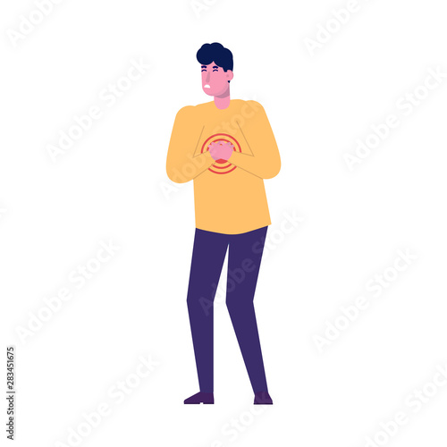 Pain in the chest. Young man with strong heart attack. Flat style vector illustration.