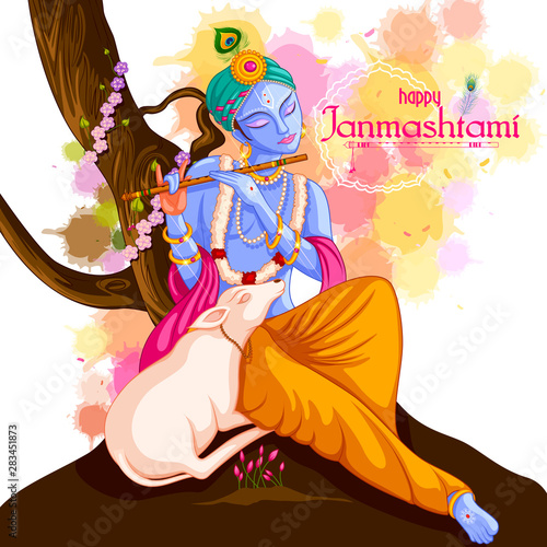 vector illustration of God Krishna playing flute on Happy Janmashtami festival background of India