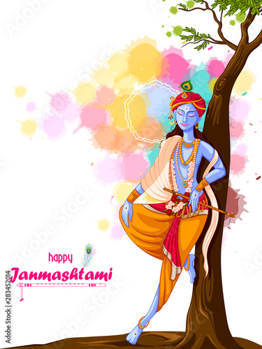 vector illustration of God Krishna playing flute on Happy Janmashtami festival background of India