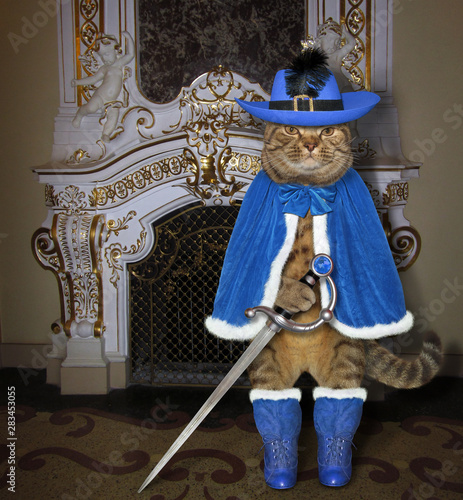 The cat musketeer in a blue cloak, a hat with a feather and boots holds a sword near a fireplace in the palace.