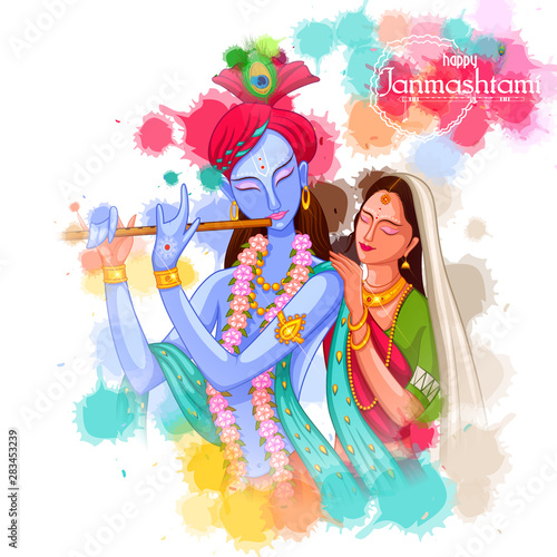 vector illustration of God Krishna playing flute with Radha on Happy Janmashtami festival background of India