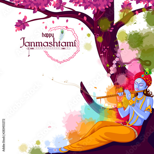 vector illustration of God Krishna playing flute on Happy Janmashtami festival background of India