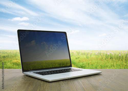 pc on table, fields