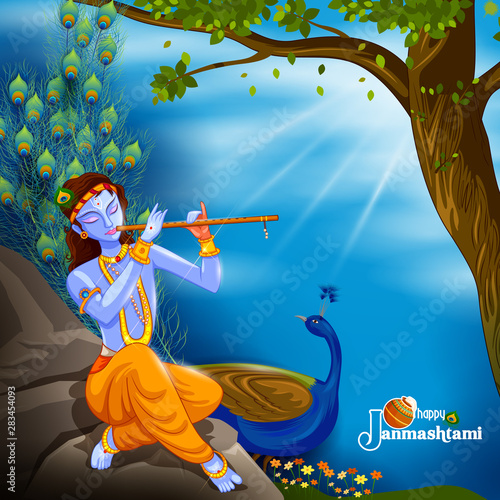 vector illustration of God Krishna playing flute on Happy Janmashtami festival background of India