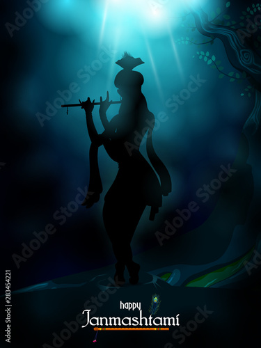 vector illustration of God Krishna playing flute on Happy Janmashtami festival background of India