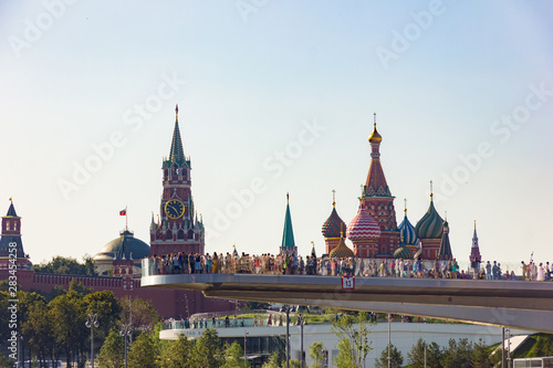 Moscow, Russia - July 29, 2018: Tourists on the observation deck on the Soaring Bridge in Zaryadye Park on a summer day