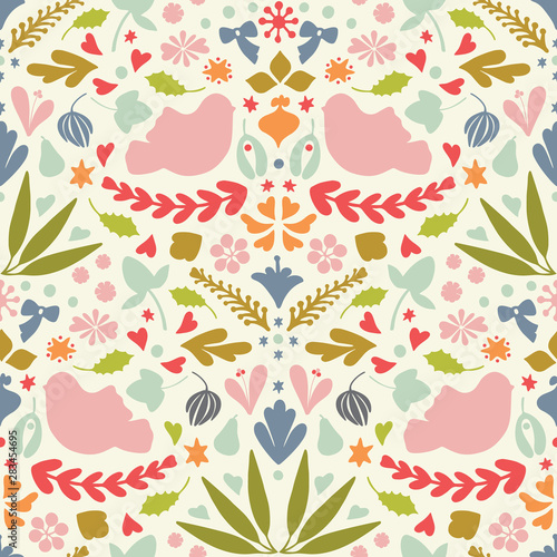 Christmas folk half drop seamless pattern background with birds, mistletoe, holly and hearts. Pretty seasonal vector repeat design.