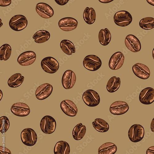 Vector coffee beans seamless pattern on a brown background. Food Illustration in cartoon simple flat style.
