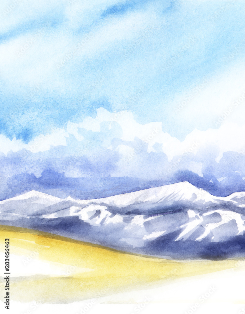 Landscape pastel colors. Yellow Valley, purple mountains with white snow peaks. Blue sky cumulus white clouds Abstract watercolor background with blur effect. Hand drawn illustration on texture paper.