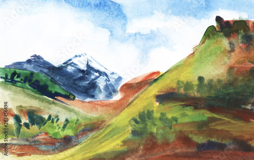 Mountain landscape. Green mountains covered with grass  distant cliffs covered with snow. Hand drawn watercolor illustration.