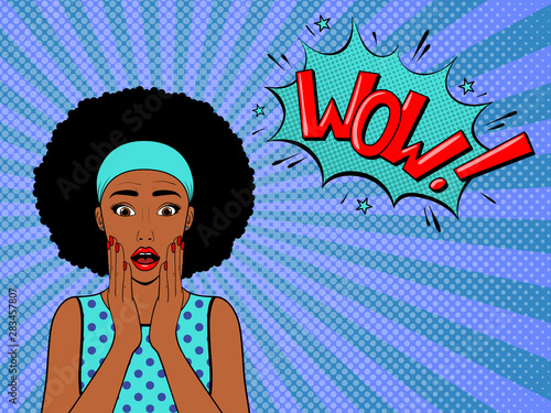 Surprised woman with afro hair .Comic woman with speech bubble. Wow face female. Pop Art vintage vector illustration