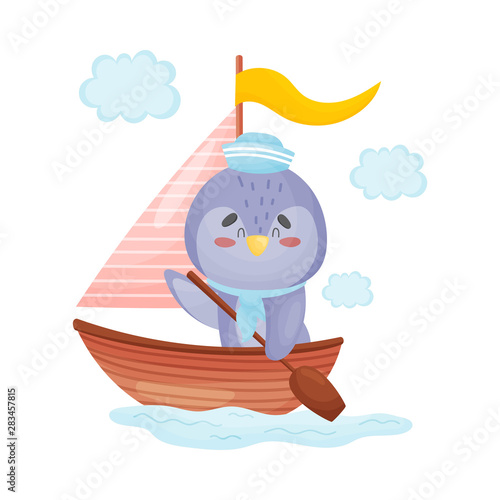 Cute penguin is sailing on a sailboat. Vector illustration on white background.