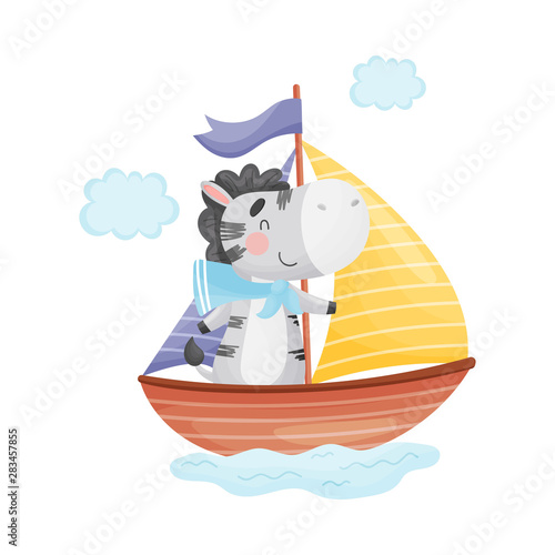 Cute zebra swims in a boat with sails. Vector illustration on white background.