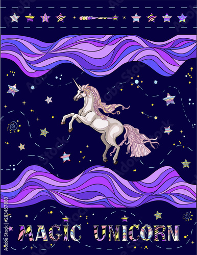 Vector illustration of cute unicorn with striped waves  stars  phrase on the blue background
