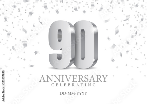 Anniversary 90. silver 3d numbers. Poster template for Celebrating 90th anniversary event party. Vector illustration
