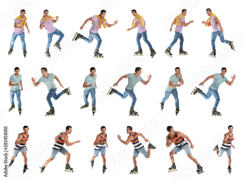 Collage of handsome young man with inline roller skates on white background