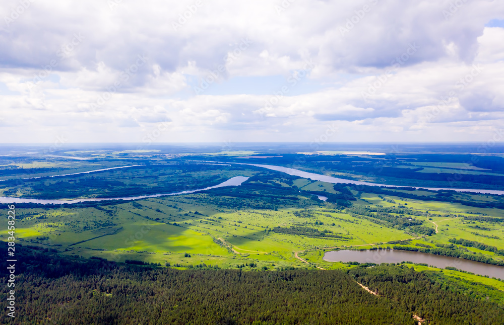 Aerial view of the Oka River Delta with lakes, fields and floodplains