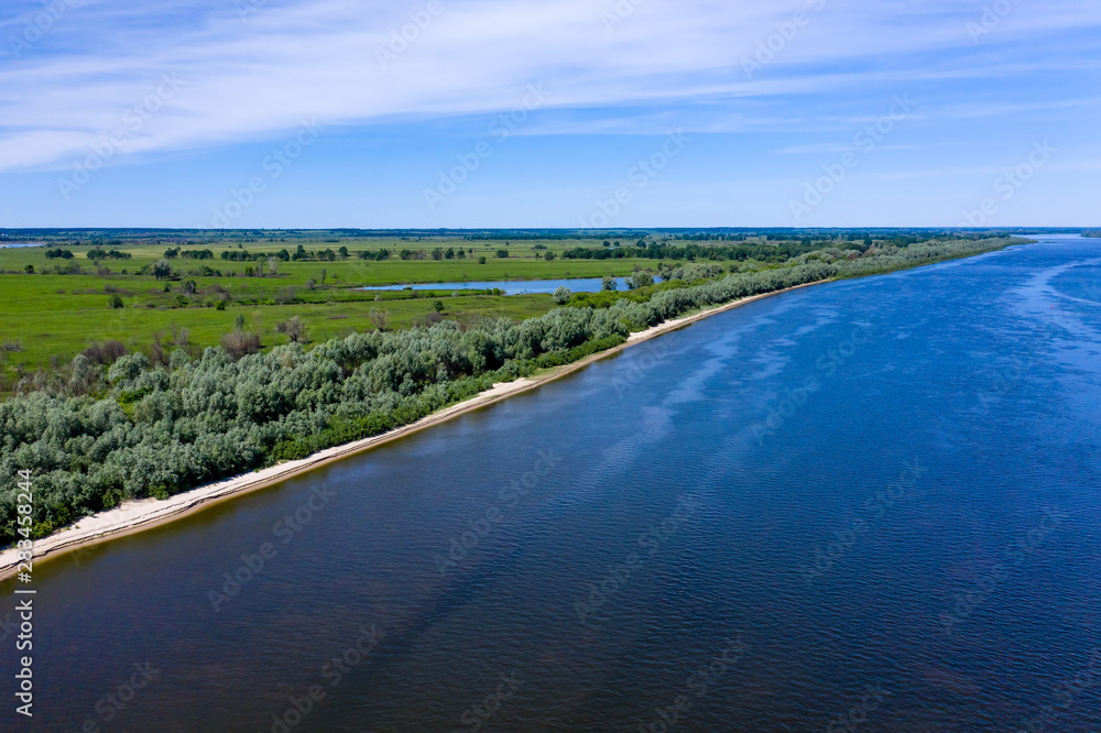 Forest and beach by the river. Aerial drone shot Forest and beach by the river. Aerial drone shot