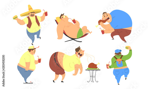 Funny Fat Men Set, Bad Habits, Unhealthy Lifestyle of Overweight Persons Vector Illustration
