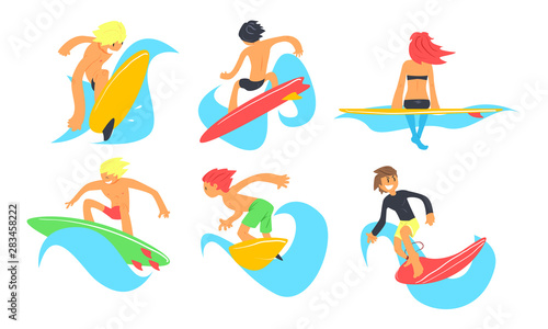 Surfers Characters Riding Waves Set, Young Man and Woman with Surfboards, Summer Extreme Water Sport Vector Illustration