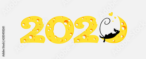 Funny well-fed smiling rat lying on the number 2020,carved from cheese. Design template for flyers, poster, card, brochure, banner and calendar.Symbol of new year, vector illustration isolated