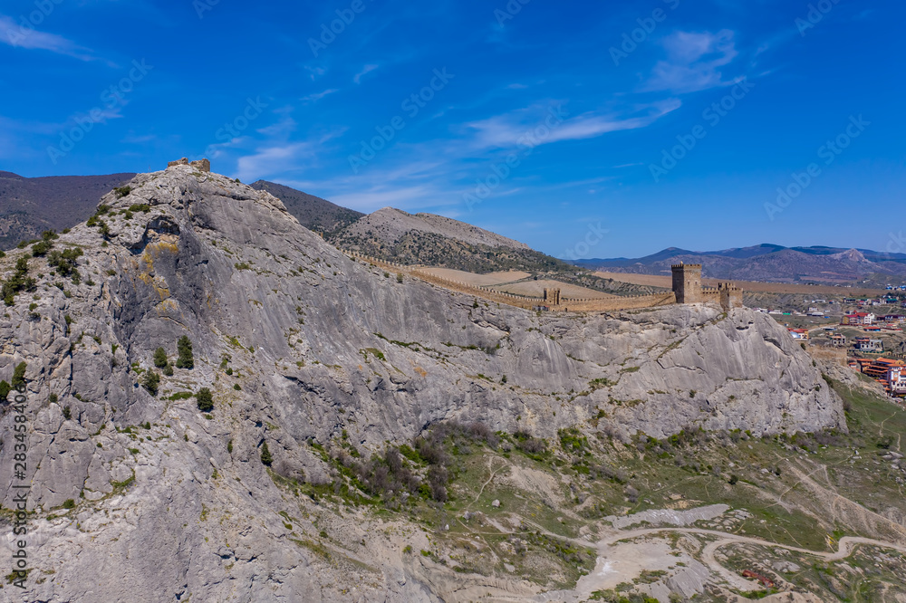 Panoramic aerial shot of Genoese fortress in Sudak, Crimea