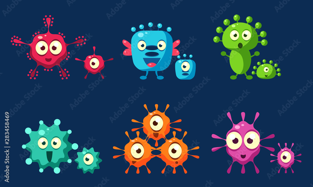 Obraz premium Collection of Cute Germs Set, Microbes, Bacterias, Viruses Characters with Funny Faces Vector Illustration