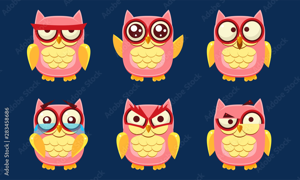 Funny Owls Characters Set, Cute Pink Birds with Various Emotions Vector Illustration Funny Owls Characters Set, Cute Pink Birds with Various Emotions Vector Illustration