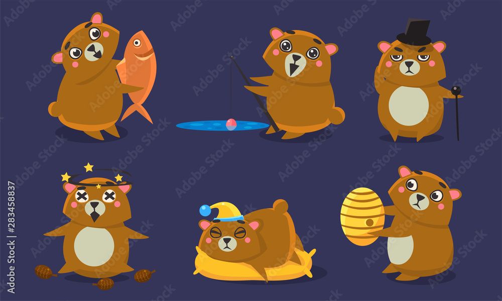 Obraz premium Cute Brown Guinea Pig Character Set, Funny Humanized Cavy Anima in Different Situations Vector Illustration