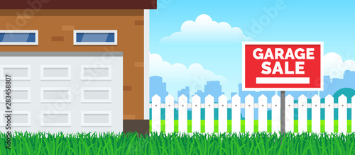 garage sale sign on green grass lawn white fence on blue sky background