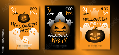 happy halloween party poster design set with pumpkins and ghosts