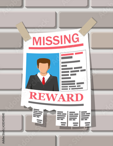 Wanted person paper poster. Missing announce. Information tear off papers. Search for lost person in big city. Vector illustration in flat style