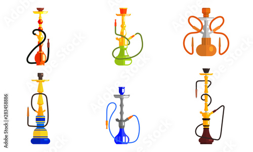 Hookah od Different Colors Set, Lounge Bar or Smoke Shop Design Element Vector Illustration