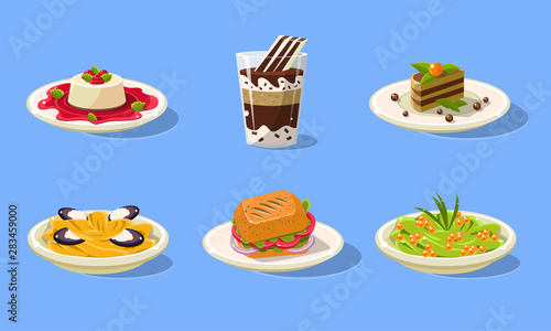 Tasty Dishes Set, Delicious Food, Spaghetti, Sandwich, Souffle, Cake, Milkshake Vector Illustration