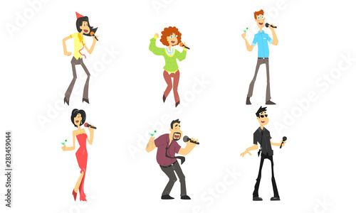 Funny People Emotionally Singing with Microphone, Man and Woman Singing Karaoke at Party Vector Illustration