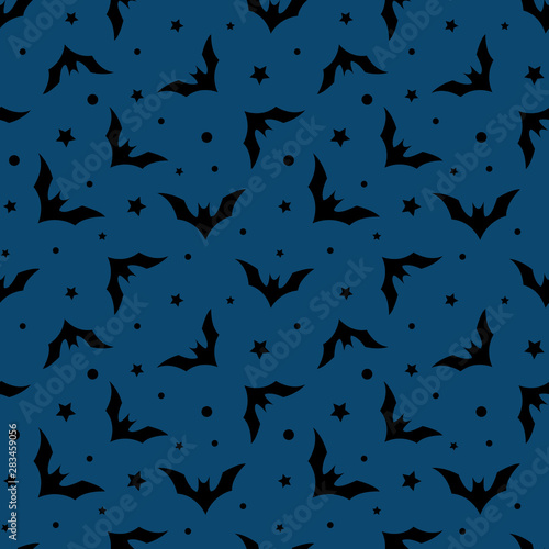 Vector seamless pattern with bats on blue background. Simple halloween design for greeting card, gift box, wallpaper, fabric, web design.