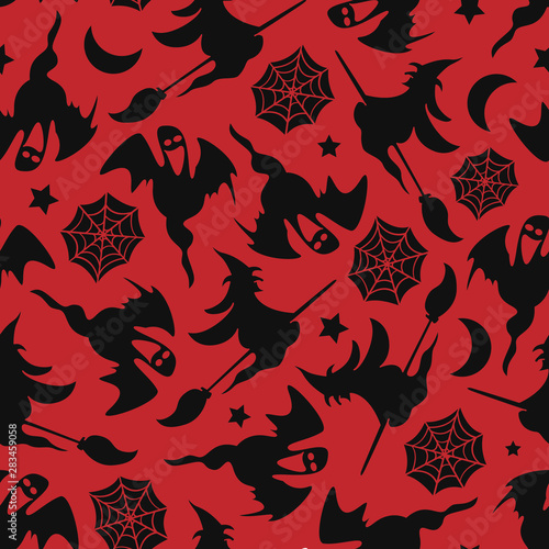 Vector seamless pattern with halloween elements on red background. Halloween design for greeting card, gift box, wallpaper, fabric, web design.