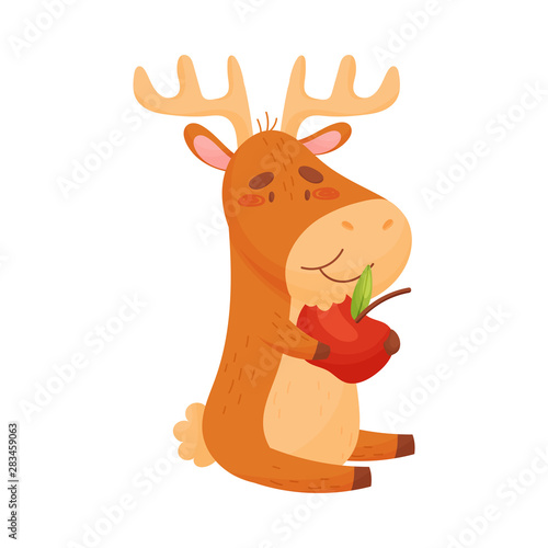 Cartoon elk eating an apple. Vector illustration on white background.