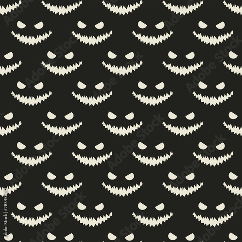Vector seamless Halloween pattern with scary smiles on black background. Simple halloween design for greeting card, gift box, wallpaper, fabric, web design.