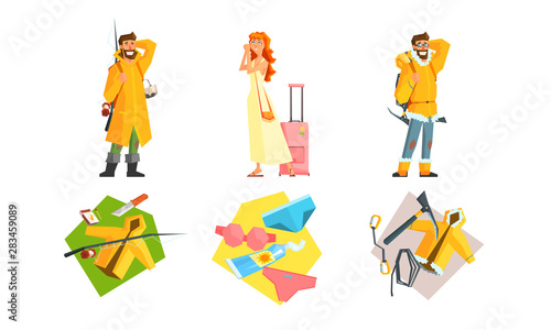 People Traveling Set, Active Travel, Man Hiking with Backpacks, Camping, Fishing, Girl Going on Summer Vacation with Suitcase, Touristic Accessories and Equipment Vector Illustration