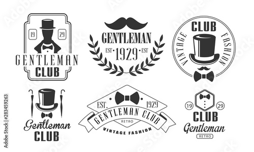 Gentleman Club Vintage Logo Templates Set, Retro Fashion Club Emblems Vector Illustration
